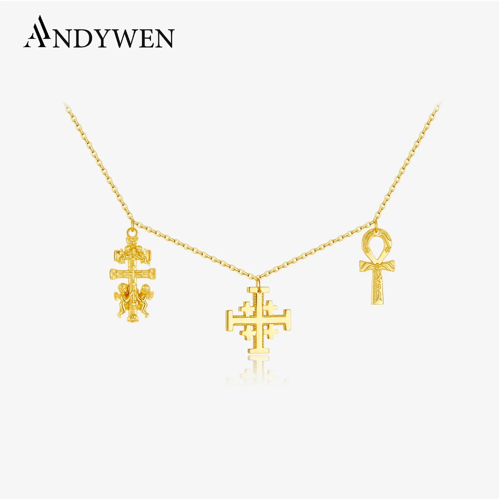 

ANDYWEN New 925 Sterling Silver Gold Cross SACRED Charm Pendant Horoscope Chain Choker Long Necklace Jewelry Wedding Gift