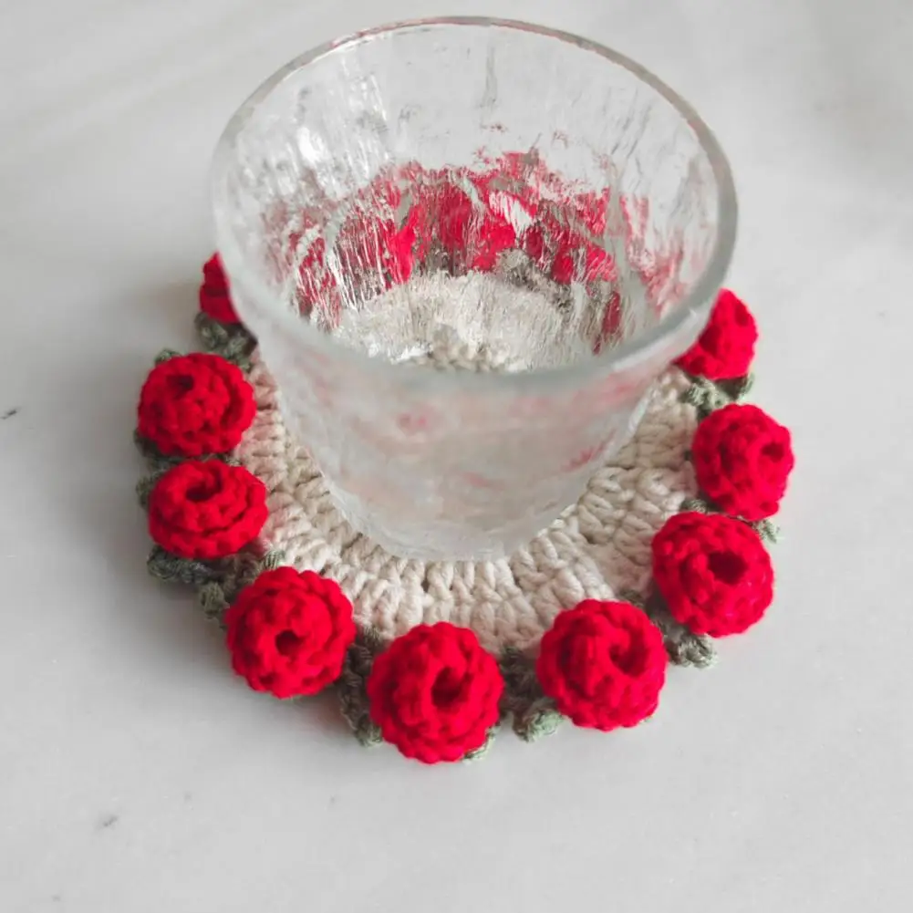 

Handmade Crochet Rose Coaster Flower Bouquet Knitted Coasters Floral Cup Mat Bouquet Gift Coffee Table Decor