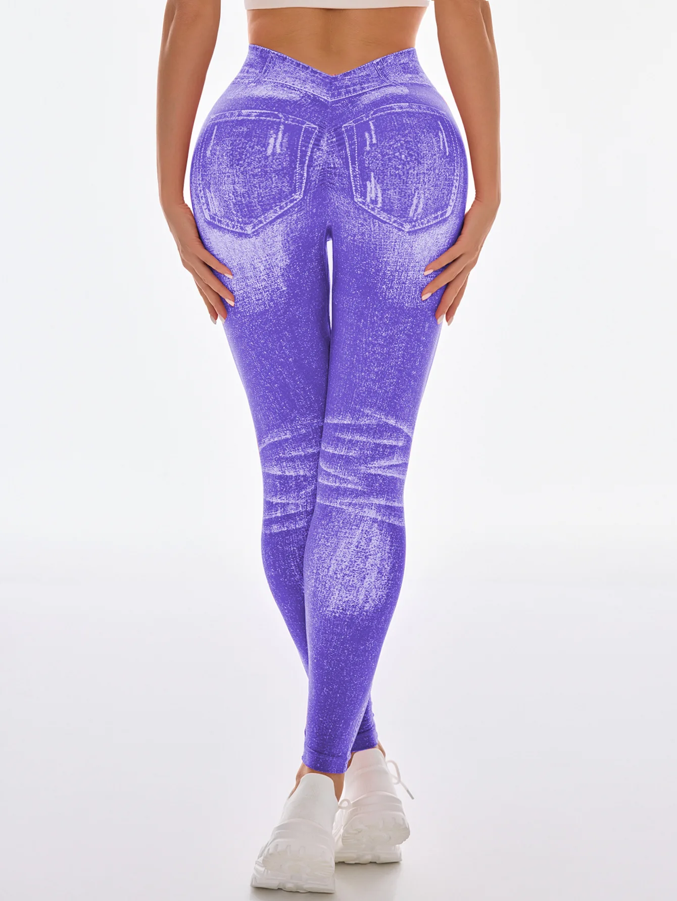 Damen Faux-Denim Nahtlose Yoga-Hose mit V-Rücken, Taillen- und Po-Lifting-Effekt, Hochelastische Schlanke Sport-Leggings, Modische Lauf- und Workout-Tights – Detail 13