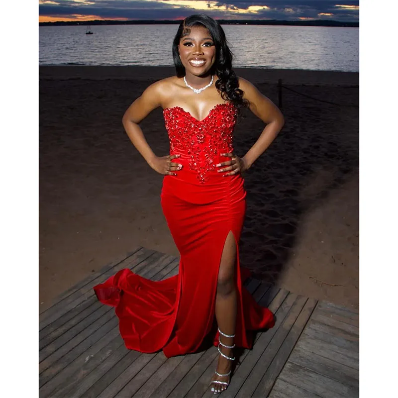 

Sexy Red Mermaid Prom Dress Black Women Beads Covered Formal Evening Elegant Sweetheart Dresses For Special Occasions Dress