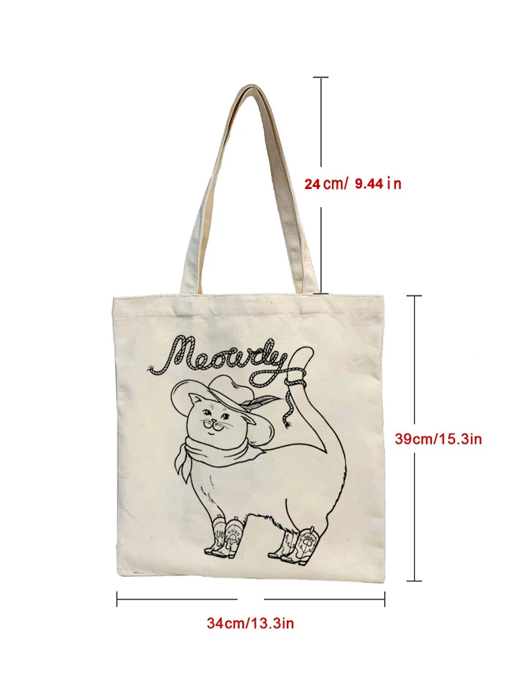 Vintage Boho Large Capacity Shoulder Bag Women's Cowboy Cat Canvas Shopper Retro Graphic Cowgirl Cute Meowdy