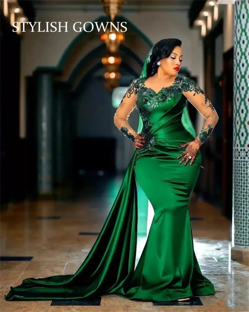 Sexy African Green Evening Dress For Black Girls 2025 Bead Appliques Birthday Party Gown Full Sleeve Vestido De Festa Customized