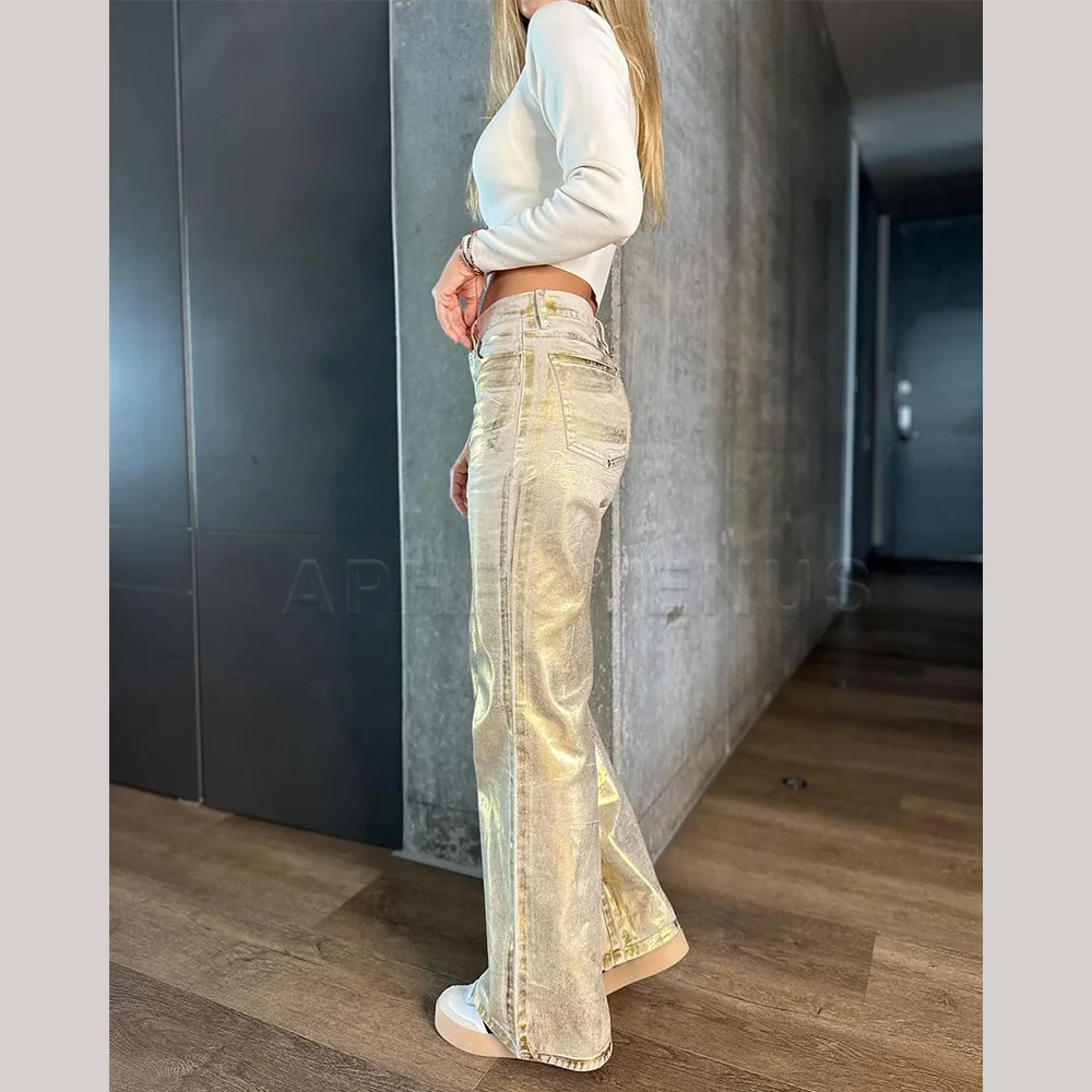 Metallic Denim Gerade Jeans Breites Bein Frauen Hohe Taille Lose Hosen Y2K Oversize Denim Hosen Hip-hop Streetwear