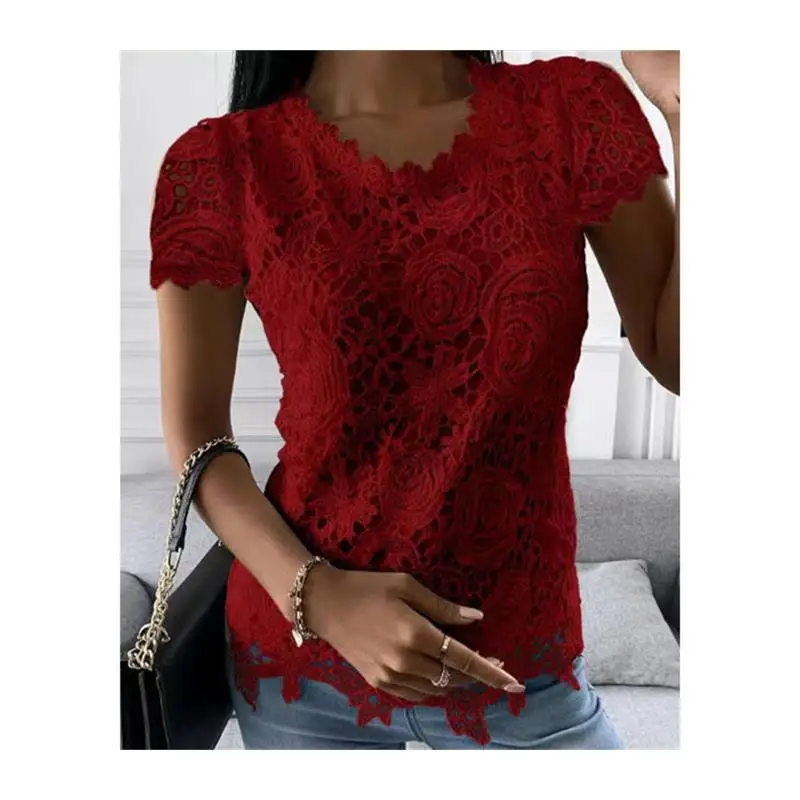 Letnia kolekcja 2023: Nowa damska bluzka z koronką, okrągły dekolt, niezależna platforma, transgraniczna, modna bluzka damska.