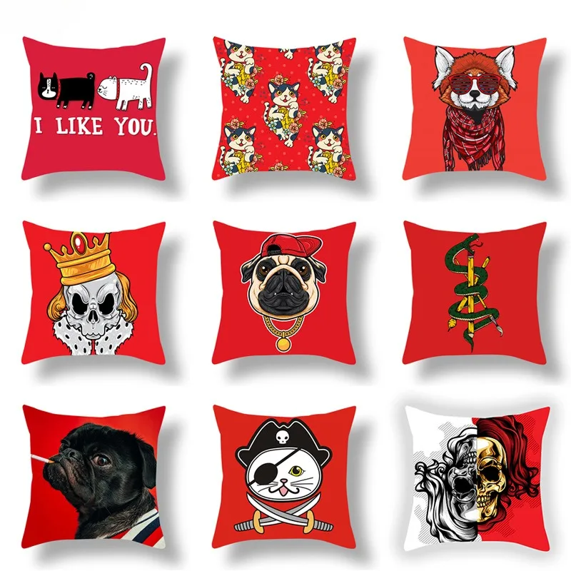 Red White Dog Pillowcase Cute Animal Throw Pillow Cover Room Aesthetics Pillows Case for Bedroom 45x45 Cm Living Room Decoration