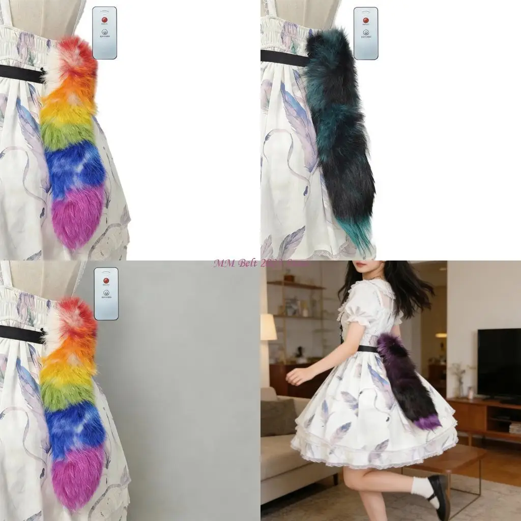 49ME Remote Control Foxes Tail Costume Props With Easy Wear Design Animal Cats Wolf Foxes Faux Furs Tail for Halloween Party