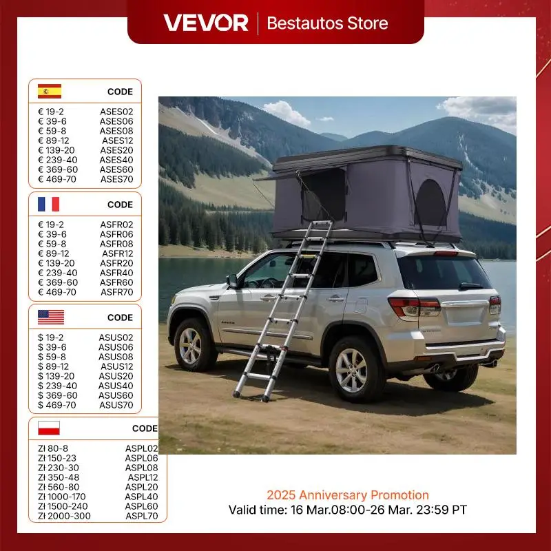 VEVOR Rooftop Tent Hard Shell Roof Top with Telescopic Ladder Thick Mattress Waterproof Windproof for Jeep SUV Van Pickup Truck