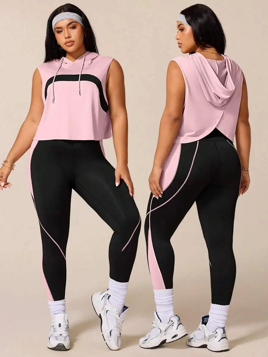 

Womens Sleeveless Hooded Crop Top And Contrast Leggings Workout Set