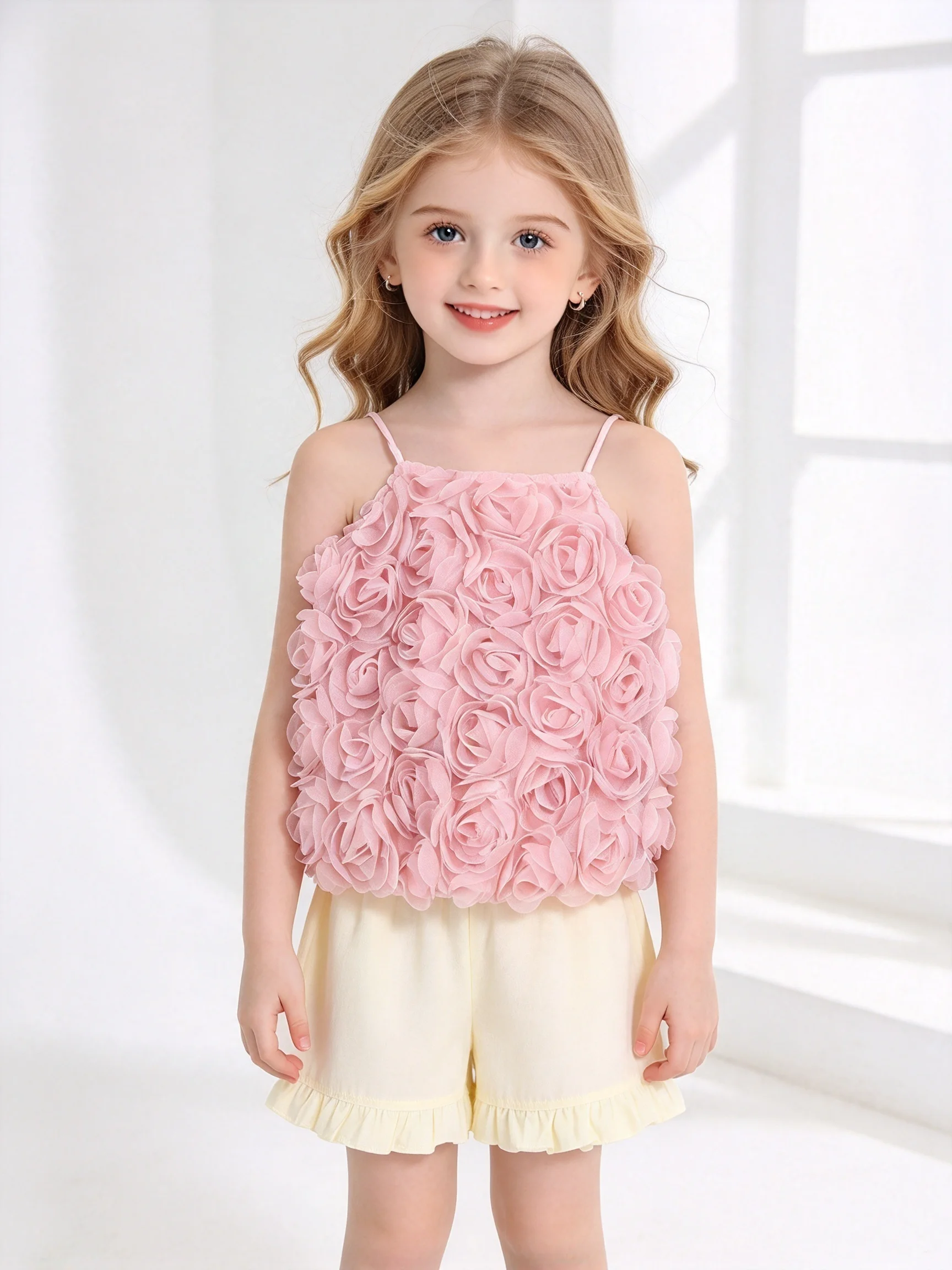 Two Piece Girls' Three-Dimensional Pink Rose Thin Shoulder Strap Short Suspender Top With Ruffle Edge Shorts Casual Set