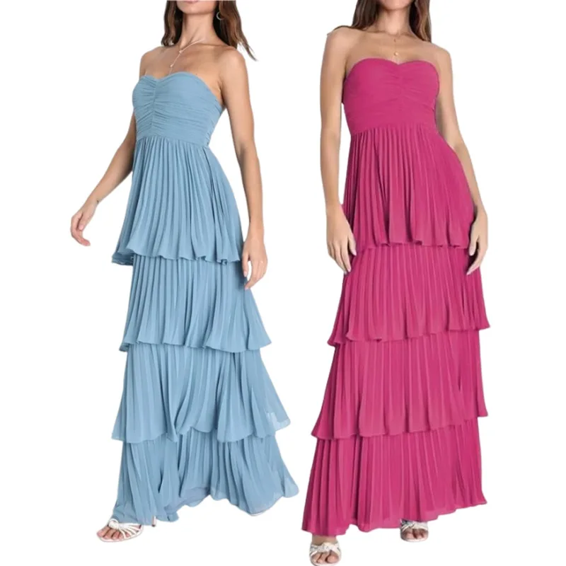 

Fashion Evening Dress With Pleated Chiffon Fabric Full Length Tiered Women Party Dresses