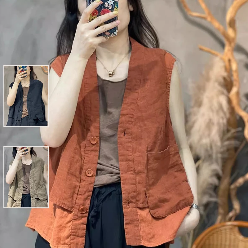 Abbigliamento da lavoro in lino di colore puro V-Ne casual di inizio autunno Jaet plus Size Gilet da donna con design Faion Top Abbigliamento a strati