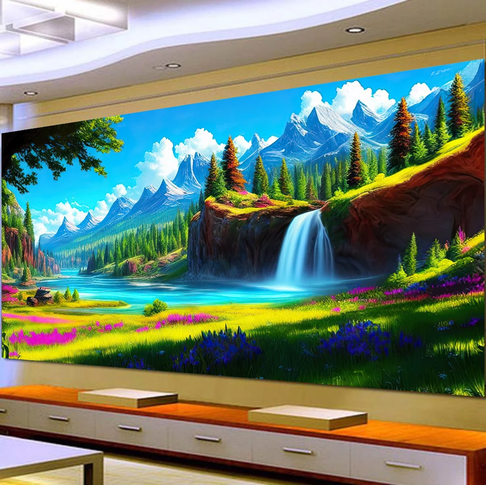 

DIY Large Diamond Painting, Cross Stitch Mountains, Waterfall Wall Art, Full Round Drill, Embroidery for Home Decor, 5D