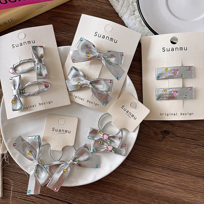 

2pcs Diamond Bow Children's Hairpins Bangs Side Clip Leather Silver Hair Clips Girls Bb Clip Barrettes Headwear Hair Accessories