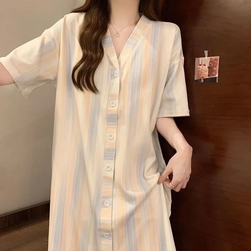 Sense of Advanced Retro Style Pajamas New Style Large Size Nightdress Loungewear Comfort Nightdress Ms. Summertime Short Sleeve