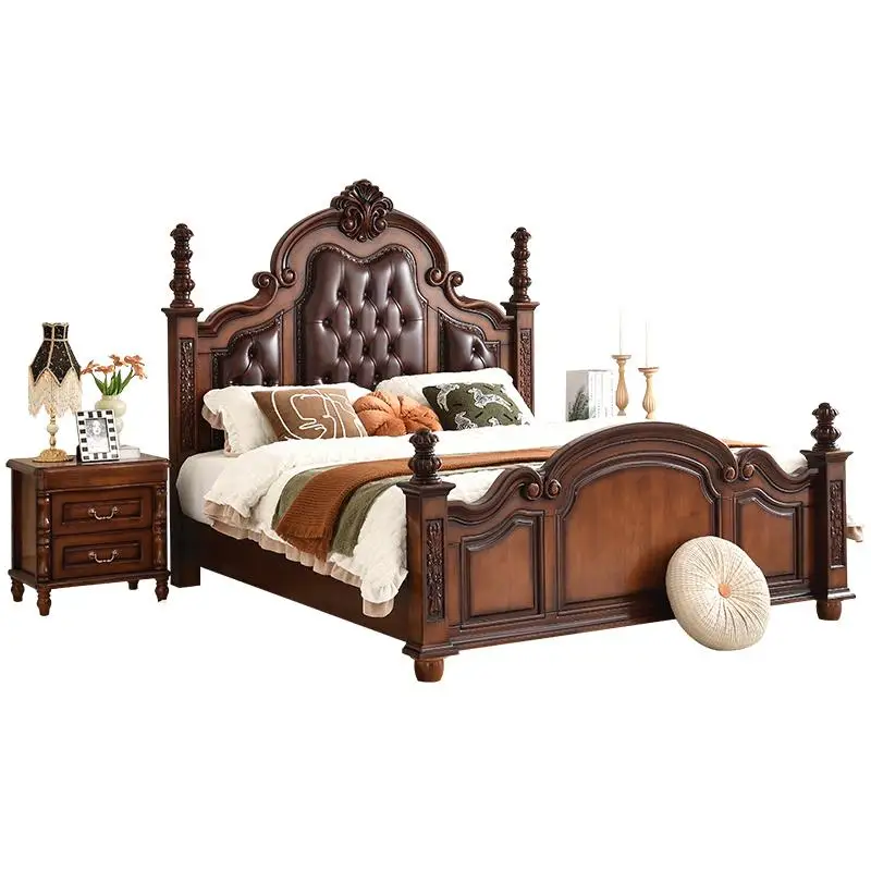 

#Rustic Antique Style Carved 1.8-Meter Large Solid Wood Villa Master Bedroom French European Wedding Bed Home Furniture