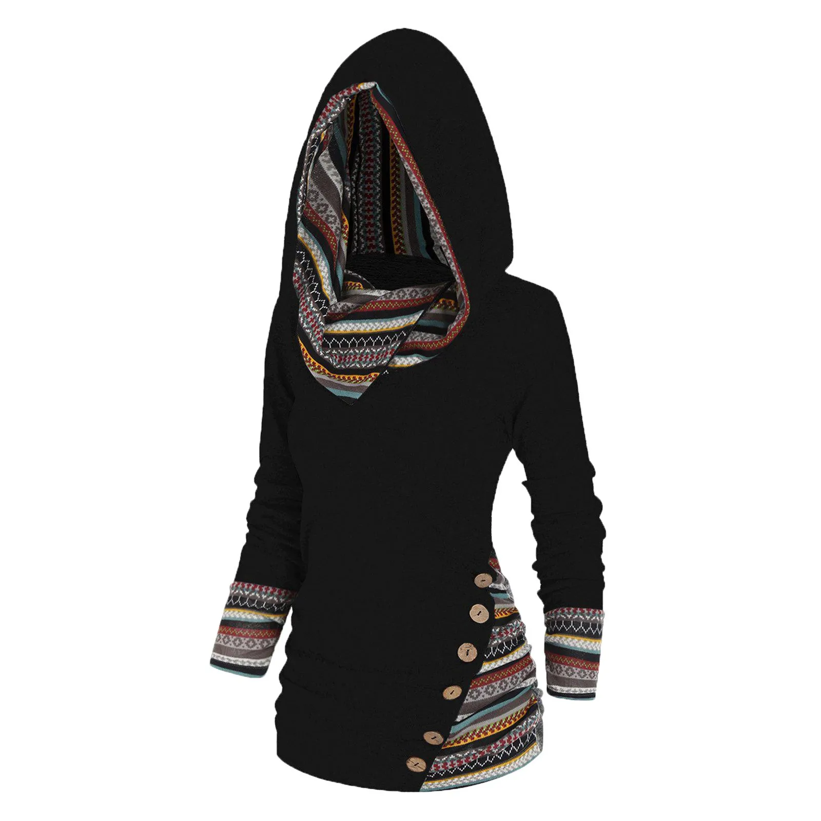 Plus Size Geometric Stripe Panel Hooded Top Long Sleeve Button Top Pullover Tops For Women New Fashion Simple Versatile Clothing