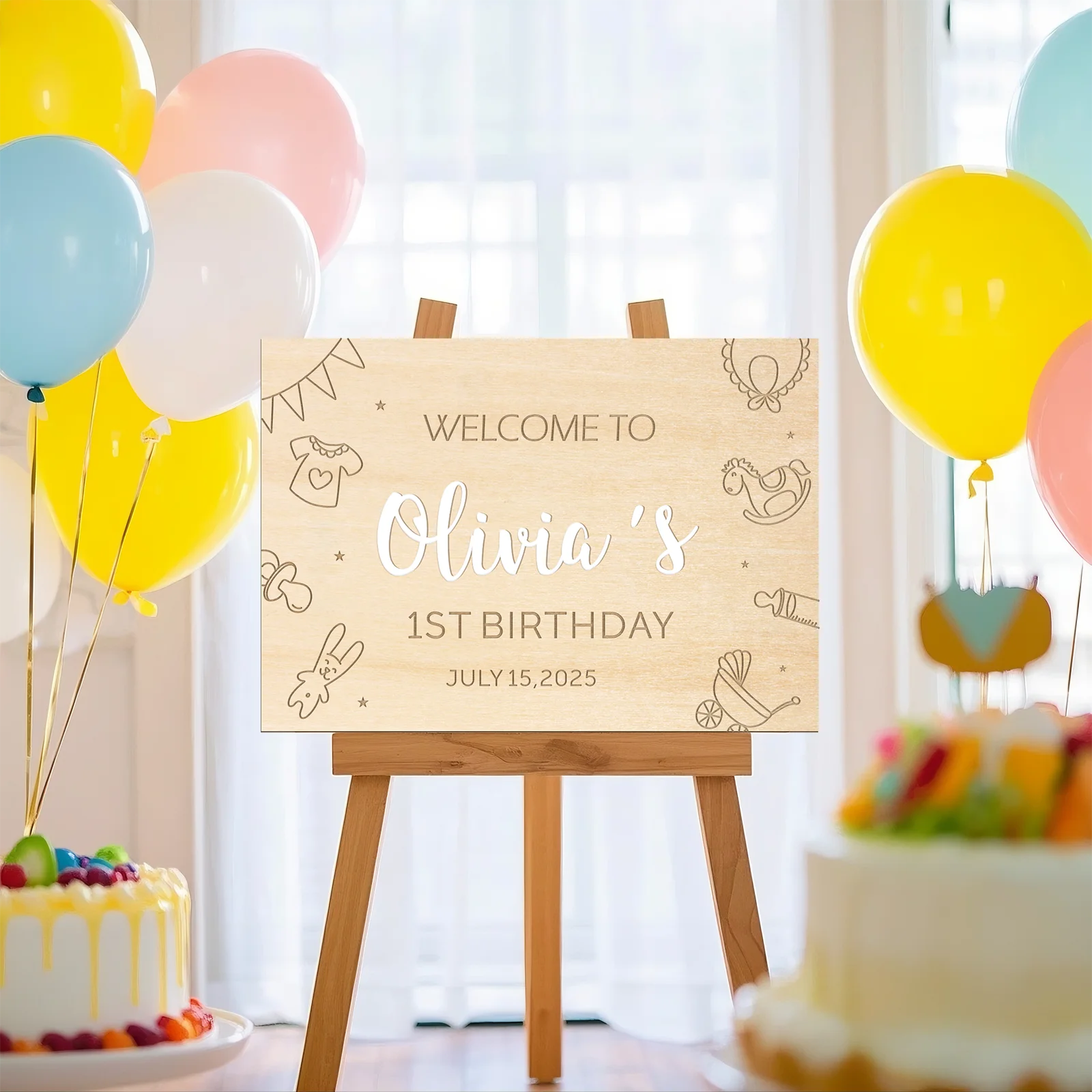 

Personalized Birthday Welcome Sign - Wooden 39x27.5cm Custom Name & Date, First Birthday Decor with Baby Item Illustrations