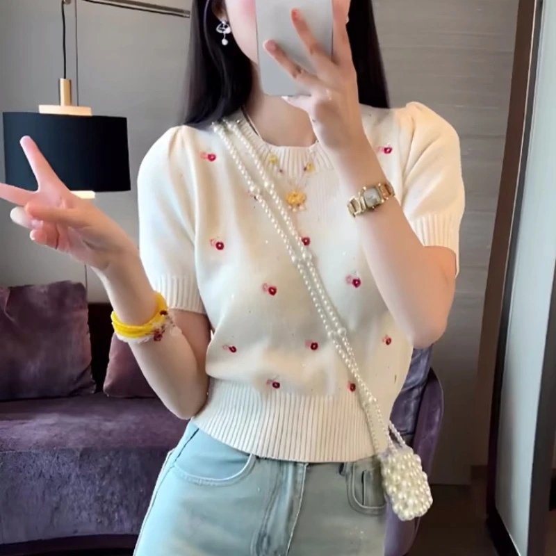 Women T-shirts O-neck Knitted Korean Style Design All-match Leisure Summer Comfortable Skin-friendly Classical Retro Daily Chill