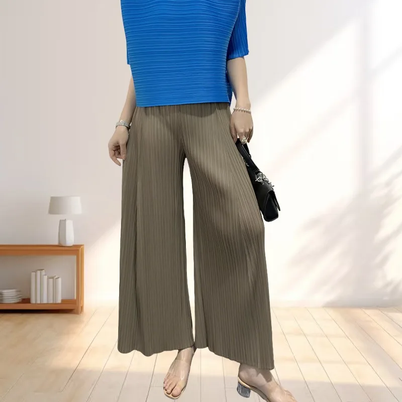 Miyake 2025 Summer Pleated Wide-legged Flared Pants High-waisted Casual Pants Loose Large Size Pleated Pants Women Commuting