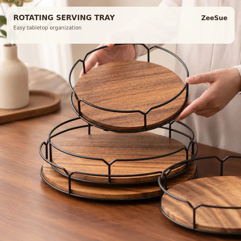 Wooden Lazy Susan Turntable with Metal Guard Rail, Rotating Serving Tray for Kitchen Counter and Dining Table