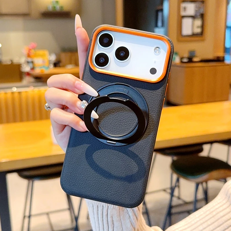 

For iPhone 17 16 15 Pro Max Case ELVEV Magnetic Luxury PU Leather Anti-fall with Rotatable Ring Stand Phone Cover