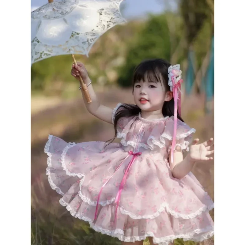 Lolita Ball Gown Dresses for Girls Princess Kids Princess Pink Infant Flora Dress Children Design Print Clothes for Photograph