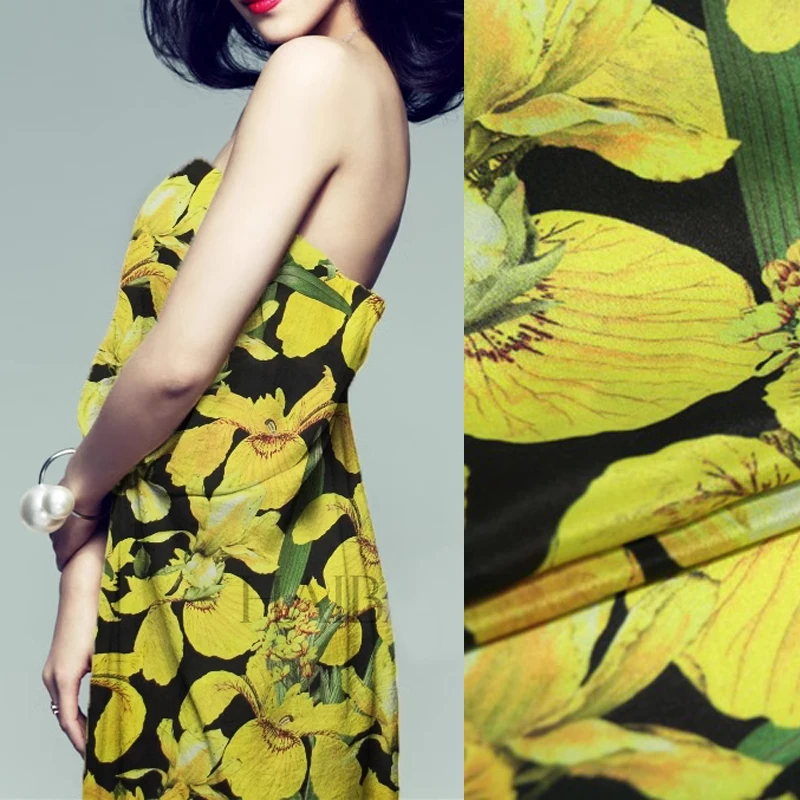 110CM Wide 12MM Thin Dress Pajamas Silk Crepe de Chine Fabric Yellow Floral Printed on Black Silk Fabric for DIY Sewing  R1842