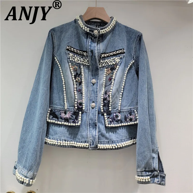 

ANJY Autumn New Women Chic Denim Jacket Heavy Craft Beaded Sequins Stang Collar Casual High Street Elegant Trendy Y2K Coat A8778