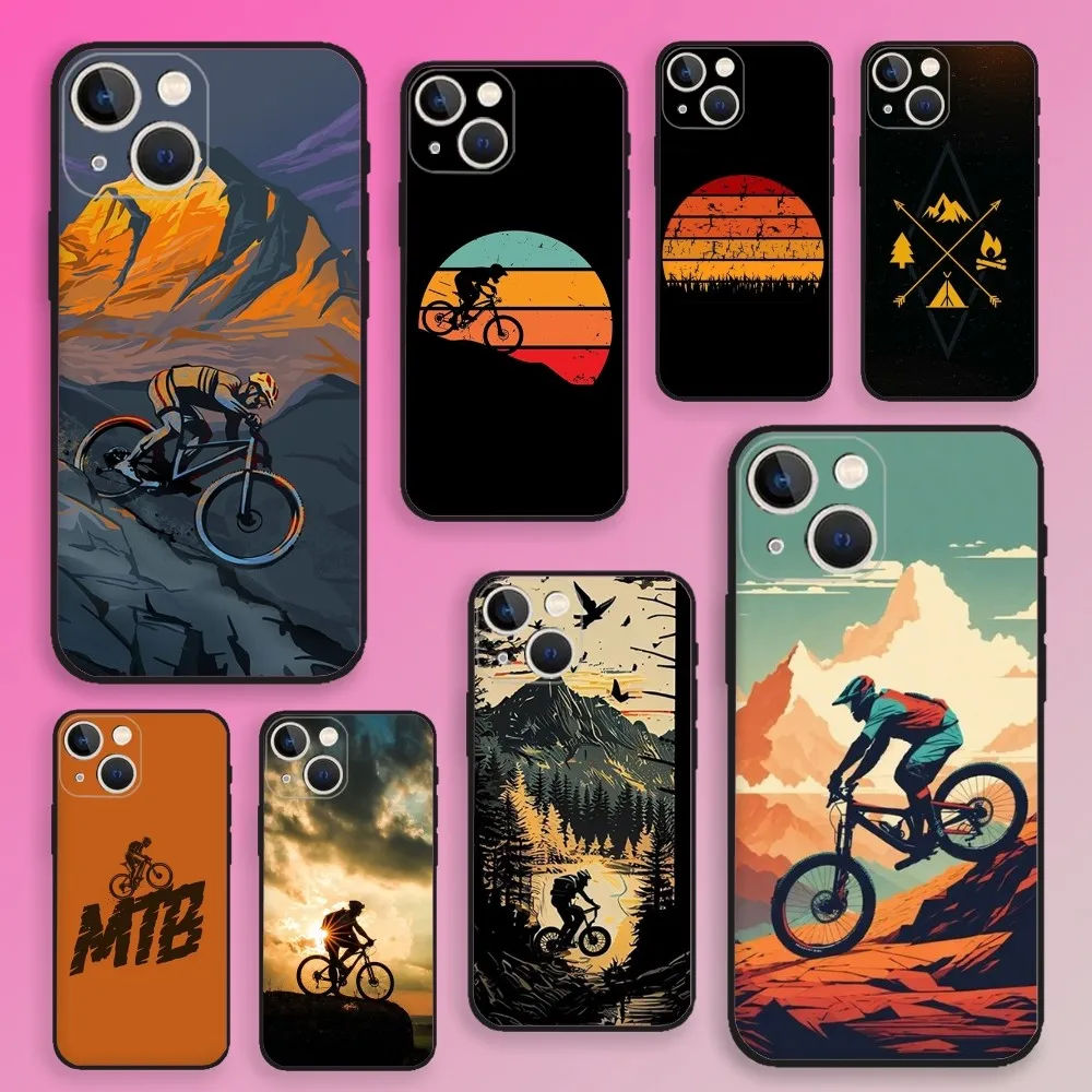 MTB Mountain Bike Cycling Bicycle Phone Case For iPhone 16,15,14,13,12,11,Plus,Pro Max,XS,X,XR,SE,Mini,8,7 Silicone Black Cover