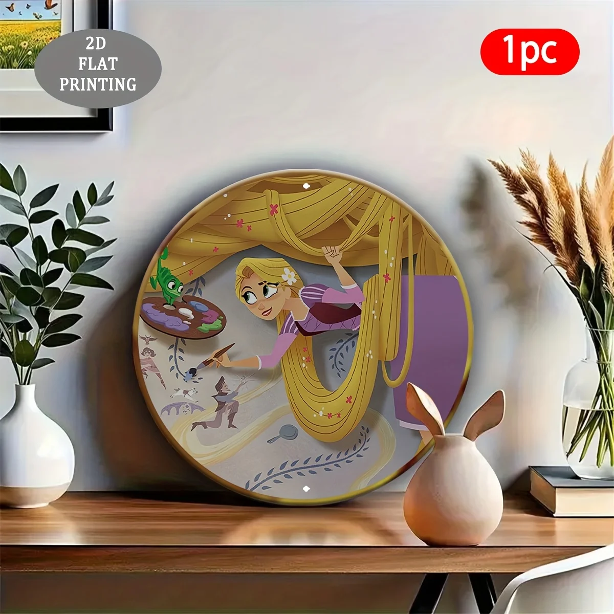 مسطح ثنائي الأبعاد، قطعة واحدة من ديكور الحائط المعدني المستدير بطابع رابونزيل وفلين رايدر - شعر رابونزيل، لوحة باسكال وماكسيموس القابلة للجمع #5