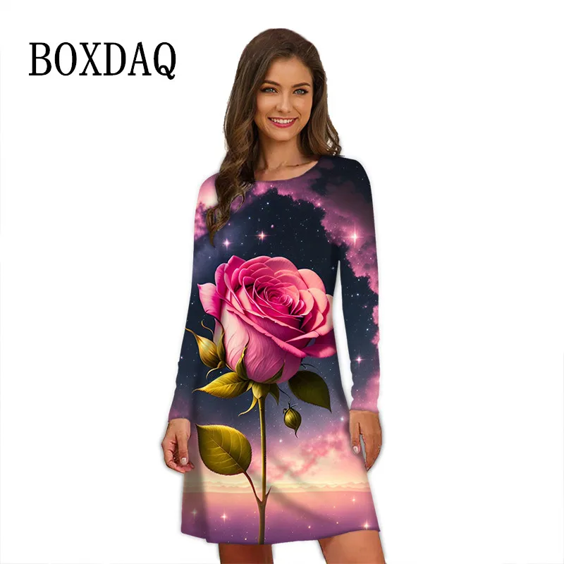 New Vintage Women Dresses For Autumn Tie Dye Pink Rose Flower Print Dress Casual Long Sleeve O-Neck Loose Oversized Female Dress