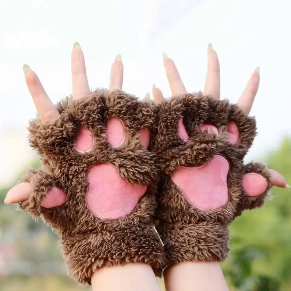 Plush Cat Paw Gloves Lovely Furry Claw Paw Gloves Trendy Half/Full Fingered Gloves Autumn Winter Women Girls Fluffy Bear Glove