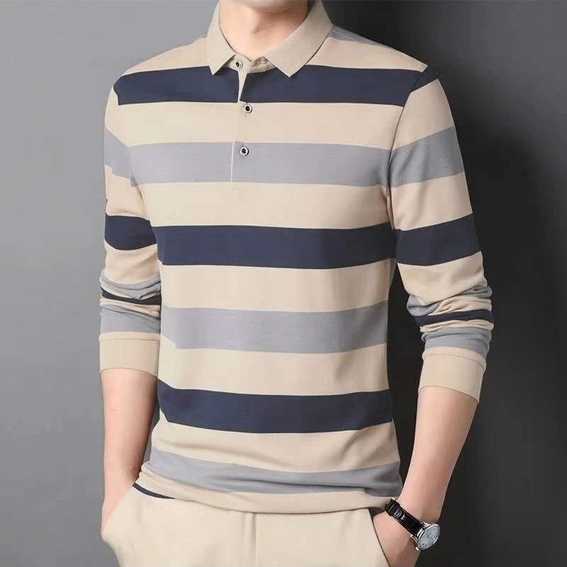 

Модная полосатая рубашка-поло для мужчин с длинным рукавом, отложным воротником, свободного кроя, в повседневном деловом стиле, универсальная модель для весны и осени.