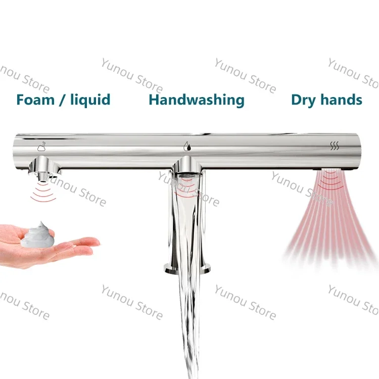 

304 Stainless Steel 3 in 1 Sensor Tap Hand Dryer Liquid Soap Dispenser Automatic Smart Basin Faucet with Hand Dryer