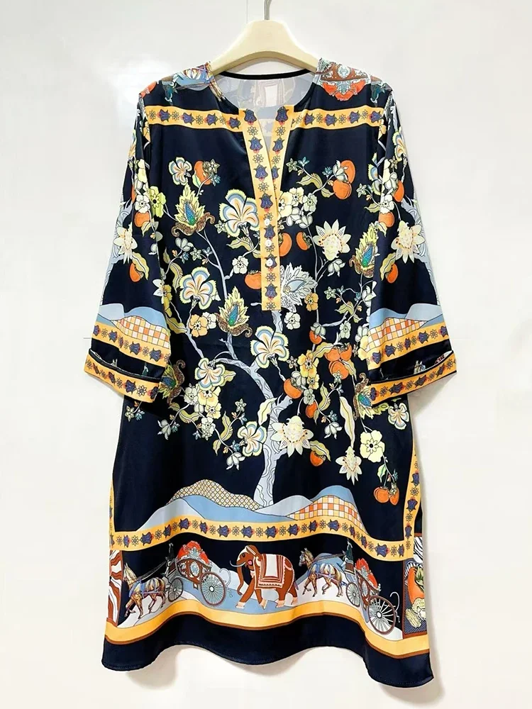 レトロ幾何学模様プリントVネックプルオーバー ストレートワンピース 2025夏 レディース Tシャツワンピース、おしゃれなゆったりストレートワンピース