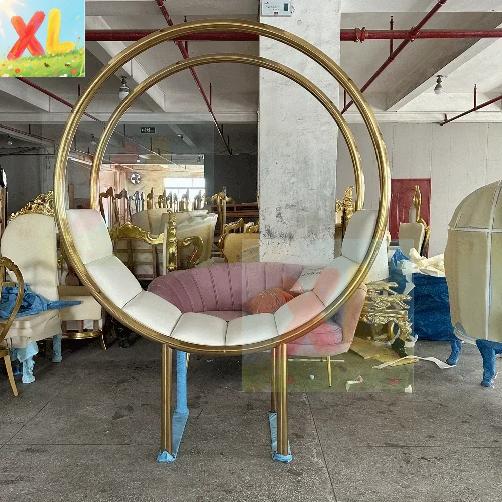 

Luxury Wedding Furniture Gold Love Double Seat Sofa Chair Stainless steel Moon Circle Leather Cushion Sofa For Event