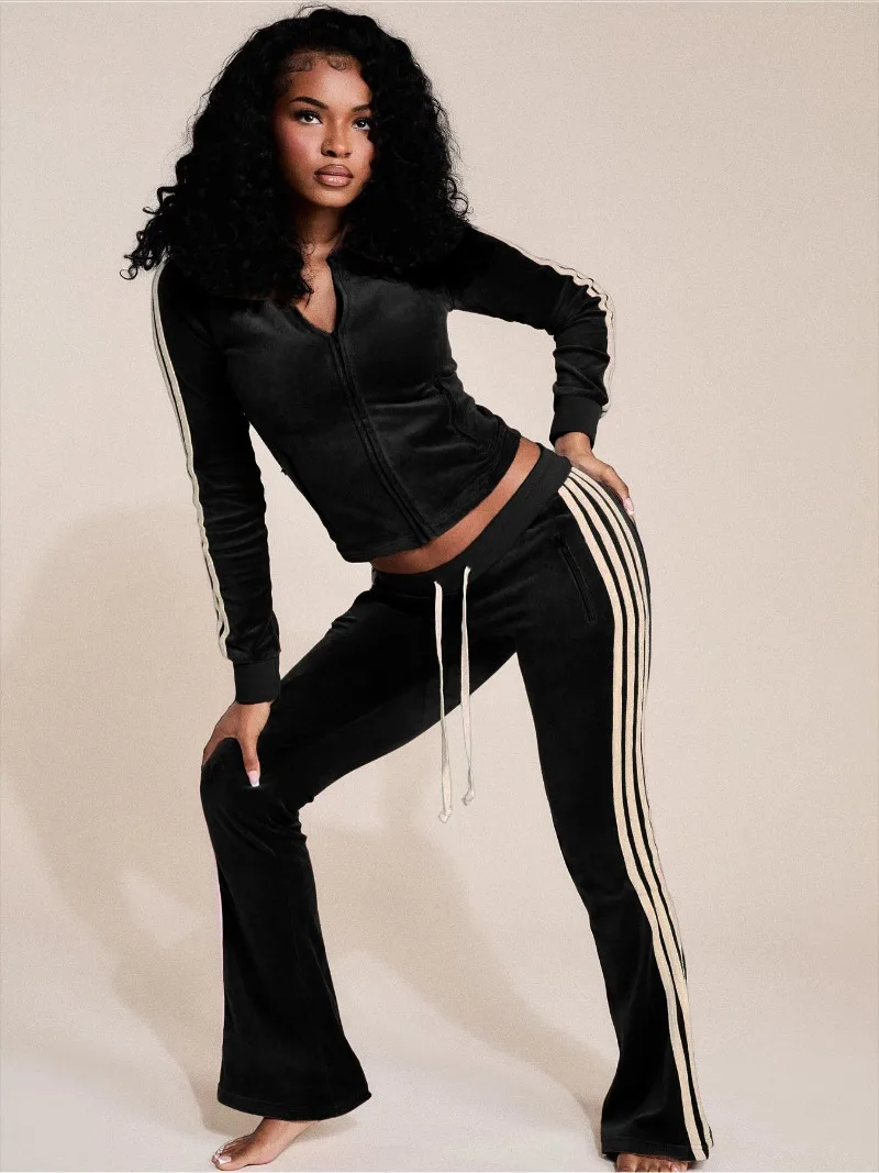 Side Striped Velvet Fleece 2 Piece Set Women Tracksuits O Neck Long Sleeve Zip-up Jackets Crop Tops + Pockets Flare Pants Suits