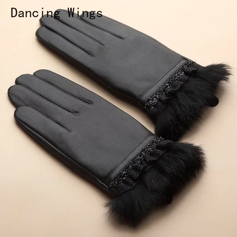 

sheepskin leather gloves women's rabbit fur thick velvet lining autumn and winter warm lady black leather gloves free shipping