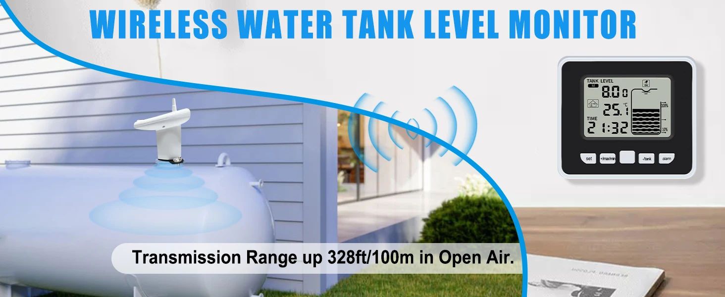Ultraschall-Flüssigkeitsstandmessgerät für den kabellosen Wassertank mit Temperatursensor, Echtzeit-LCD-Display, Hi/Low-Alarm, Min./Max. Aufnahme für Zuhause – Detail 4
