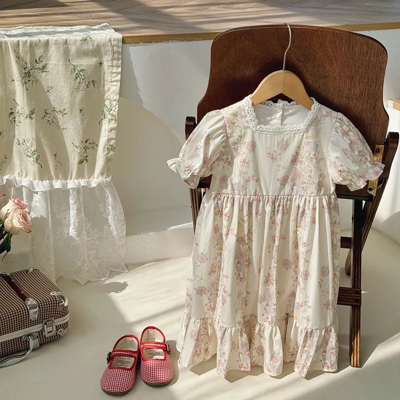 Floral Square Neck Girl's Dress French Gentle Style Summer Lace Short Sleeved Children's Cake Princess Dress Children's Clothing 4