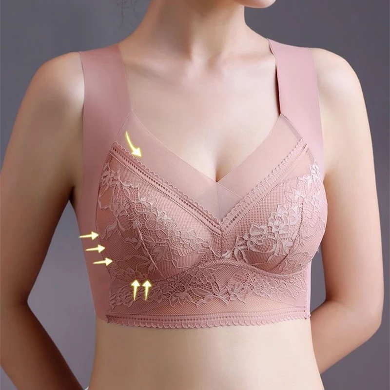 Sexy Lace Bras for Women Perspective Full Cup Solid Color Brassiere V-Neck Seamless Crop Top Female Push Up Breathable Lingerie