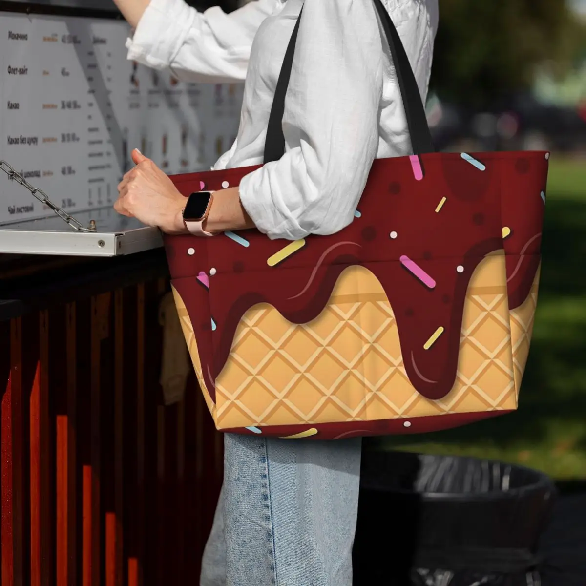 

Ice Cream Waffle With Chocolate Beach Tote Bag Sport Gym Yoga Duffle Large Tote Bag Women Travel Bag Fitness bag