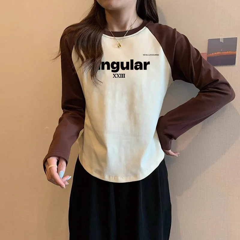 Autumn and Winter Simple Letter English Print Loose Splicing Contrasting Color Retro One-shoulder Long-sleeved T-shirt Women Top