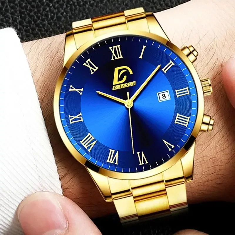 2023 Fashion Men Gold Stainless Steel Watch Luxury Calendar Quartz Wrist Watch Mens Business Watches for Man Clock Reloj Hombre