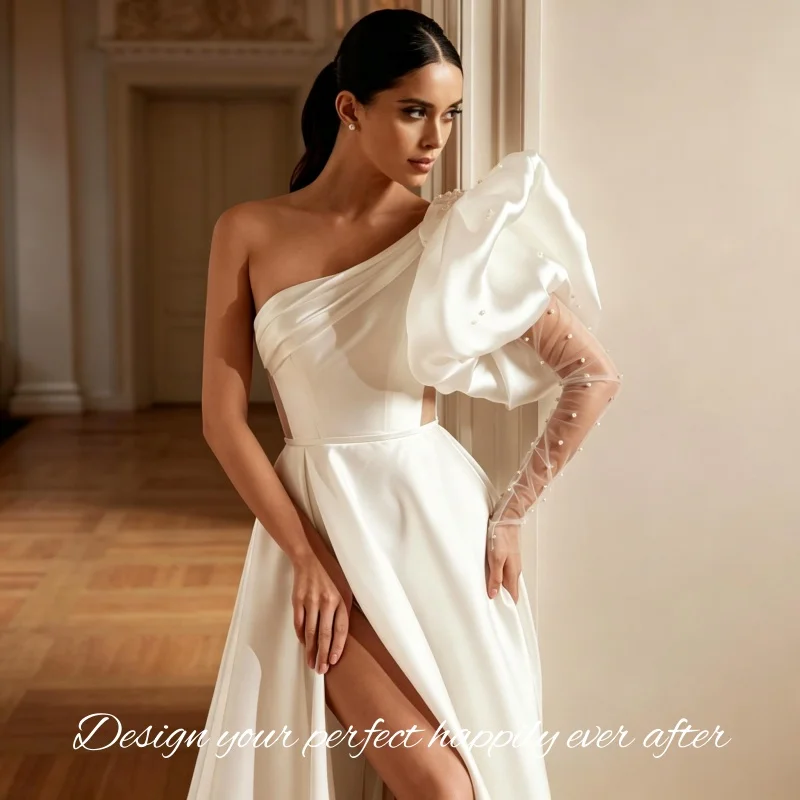 2026 Elopement Wedding One Shoulder Satin A Line Gown Detachable Bubble Sleeve High Split Luxury Vestidos De Novia Customized