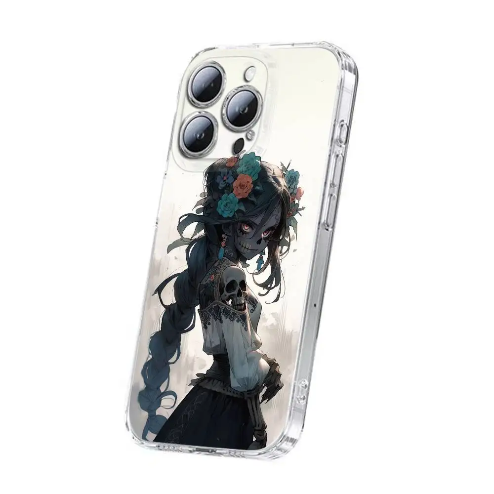 حافظة هاتف Skull Girl Catrina Day of the Dead Mexico لهاتف iPhone 17,16,15,14,13,12,11,Plus,Pro,Max,Plus,E,Air,Mini Transparent