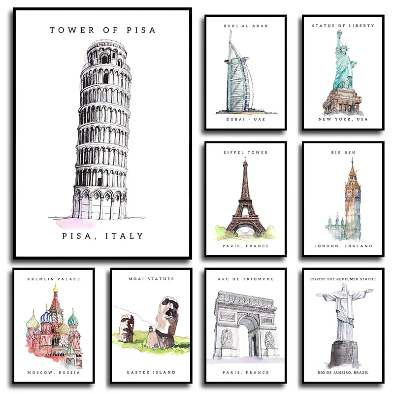 World Monument Canvas Painting Wall Art Pisa Tower Big Ben Eiffel Tower Watercolor Poster Prints Living Room Home Decor Picture