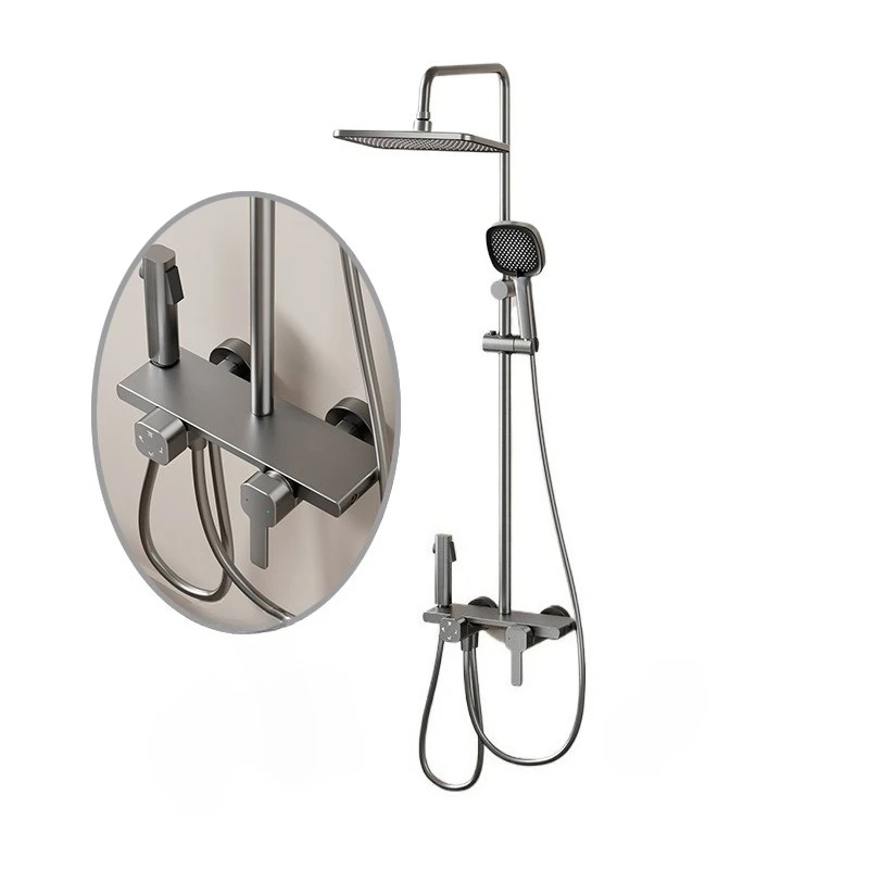 Space Aluminium-Duschsystem, Vier-Wege-Wasserauslass, Badezimmer-Duscharmatur-Set, Regenfall, unter Druck stehendes graues Badezimmer-Duschset