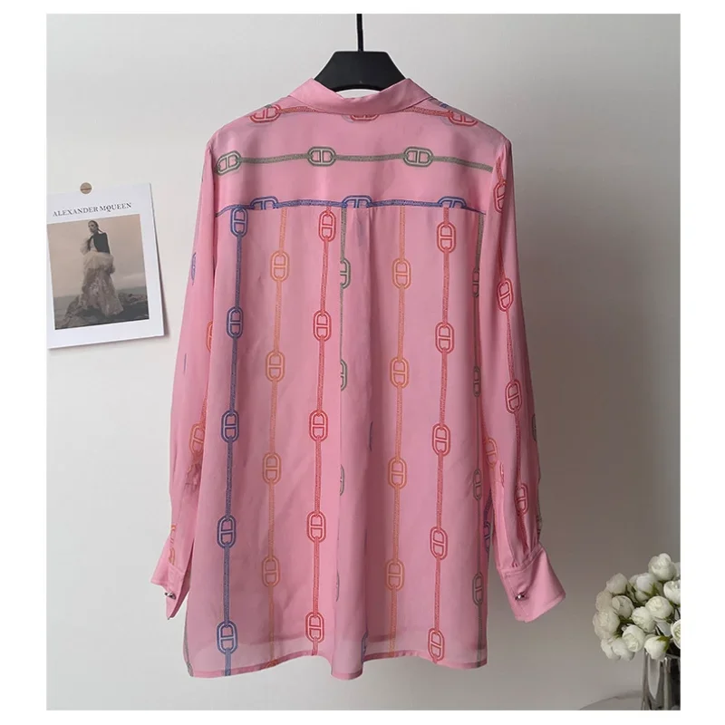 Women Pink Printed Loose Long-sleeved Shirt Elegant  High Quality Casual Basic Fashion Korea French Chic Female Blouses