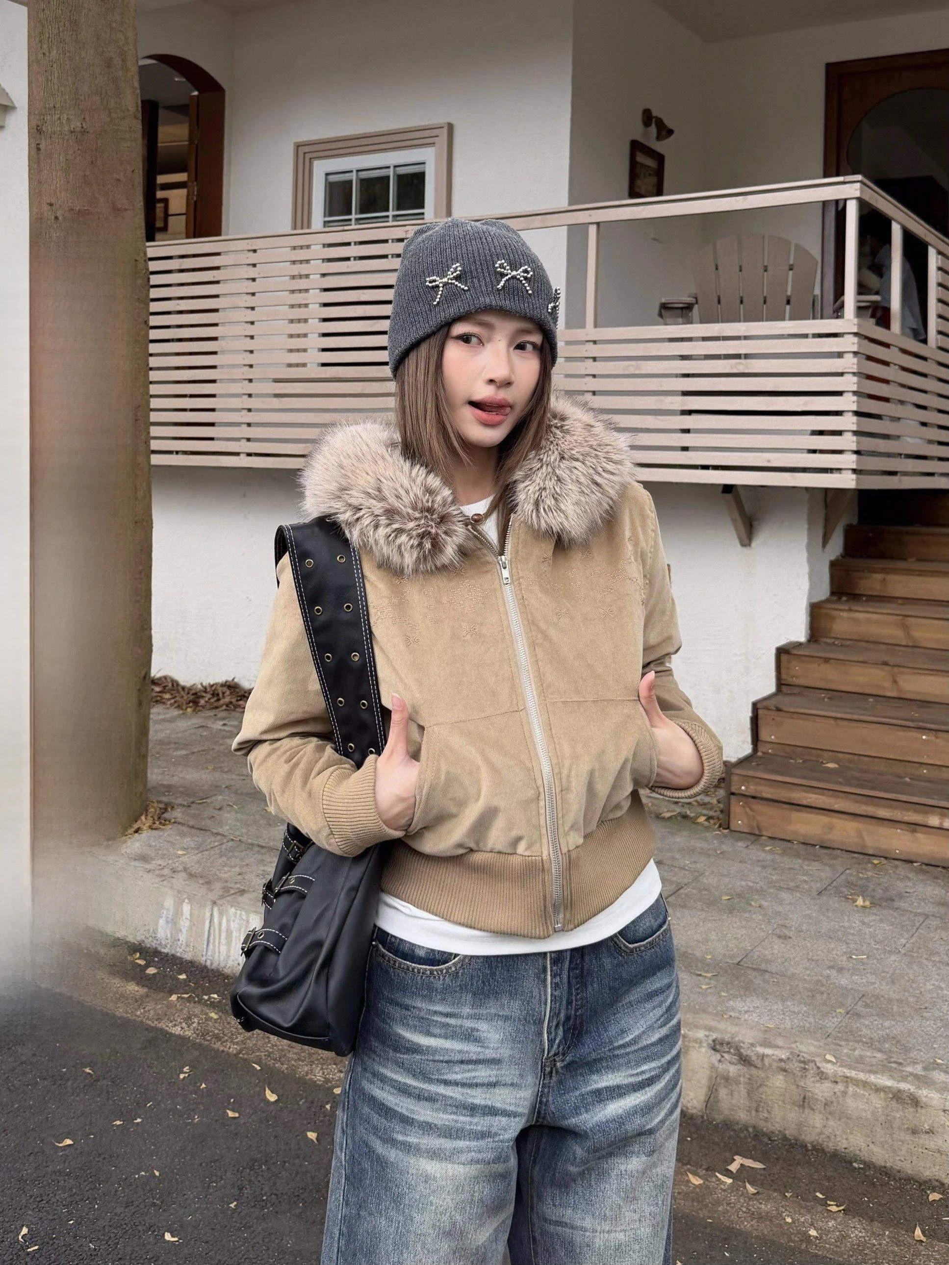 

XFX American Retro ort Suede Cotton Jaet Women's Autumn Winter Removable Fur Collar Loose Warm Cotton Clothes Trendy